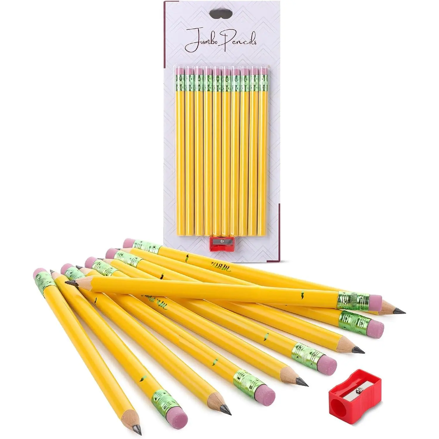 Large Size HB Pencils Packaged Set - 10 Pack with 1 Sharer, Yellow, Smooth Black 2 HB Graphite Core, Smooth Write for Office and School Supplies