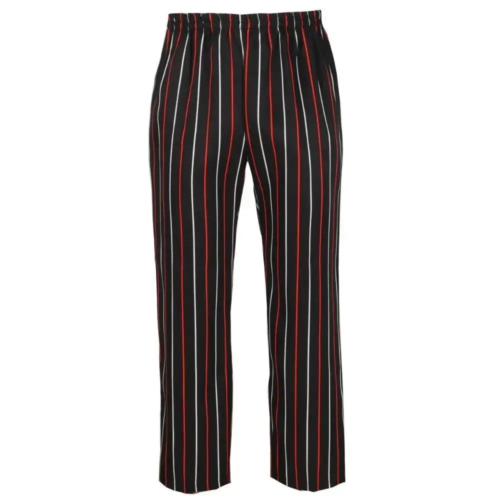 Unisex Fitted Elastic Waist Black White Zebra Striped Chef Trouser Bottoms, Breathable Button-Closure Kitchen Restaurant Cook Clothes Uniform
