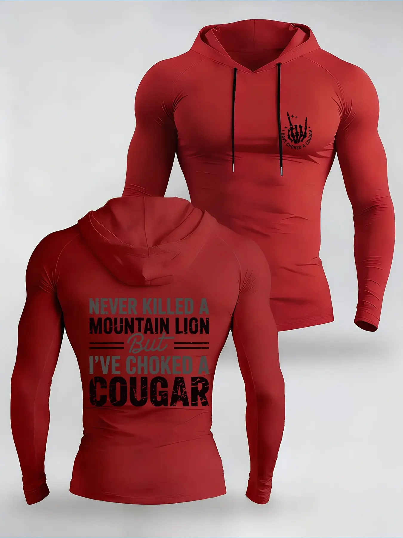 Fun Lion Hunting Slogan Fitted Hoodie, Vintage Text Skull Hand Print Long Sleeve Tee, Men's High Stretch Outdoor Hunter Hooded Top, Sport Streetwear