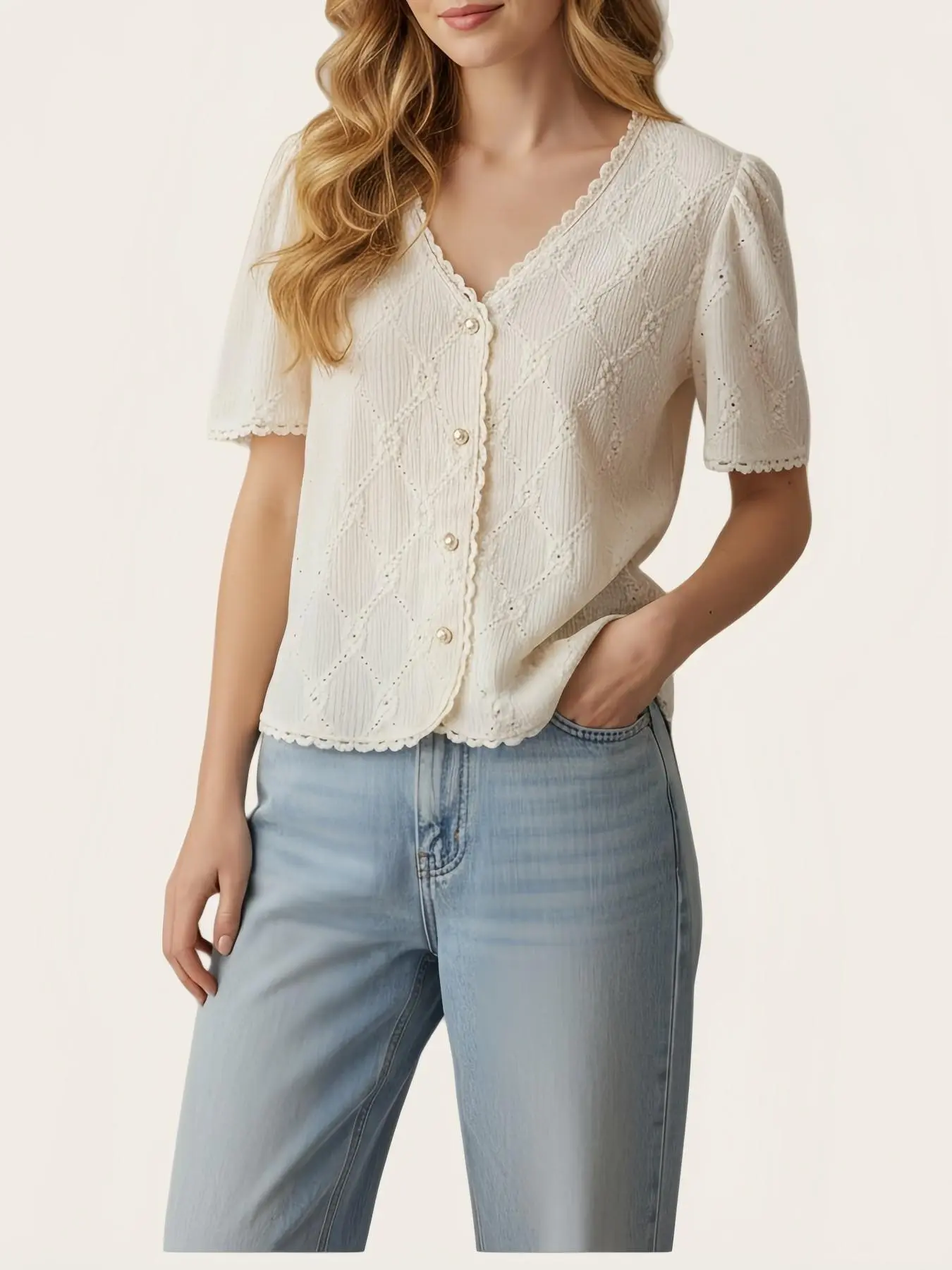 Women's Commuter Simple Solid Buttoned Ruffle Short Sleeve Vneck Blouse Shirt, Casual Daily Wear, Fashionable, Aesthetic and Comfortable, Perfect for Everyday Use, Tops