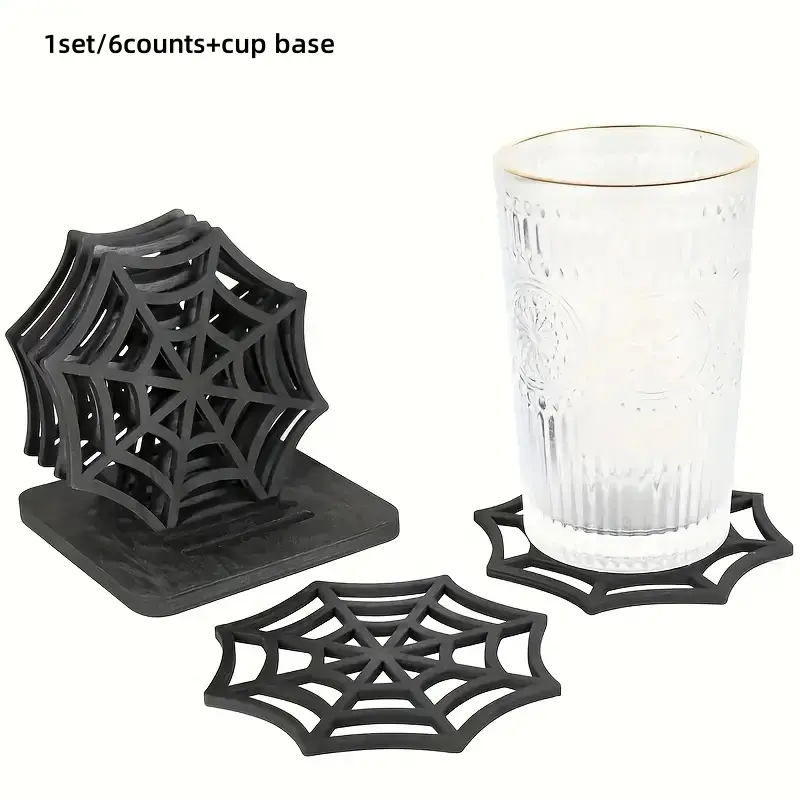7-Piece Halloween Wooden Spider Web Coasters with Stand, Gothic Home Decor, Party Table Decoration, Kitchen Office Use, Essential for Gatherings, Coaster Set