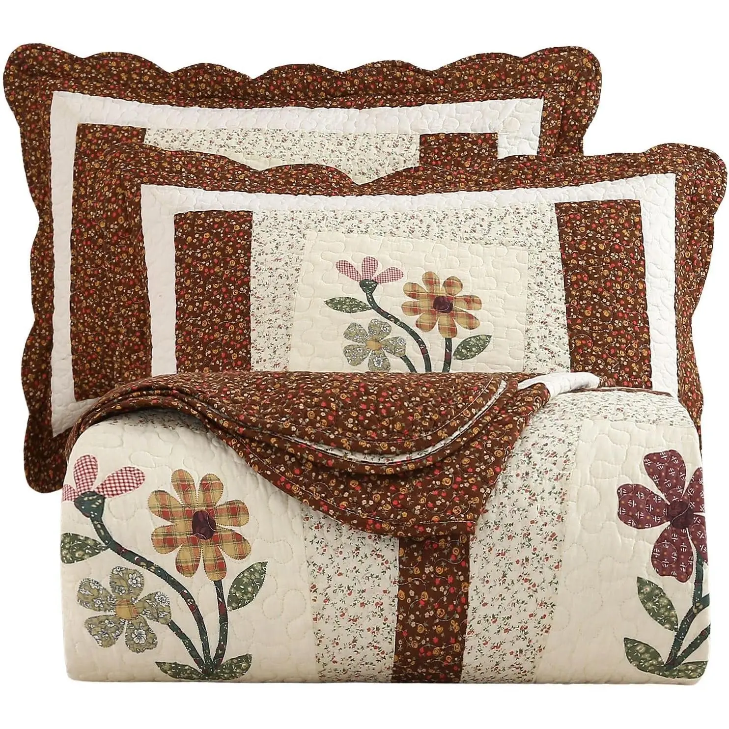 2 count Embroidered Floral Quilted Bedspread Quilt Set   Reversible Patchwork Coverlet Set 1 Quilt and 1 Pillow Sham (Coffee,)