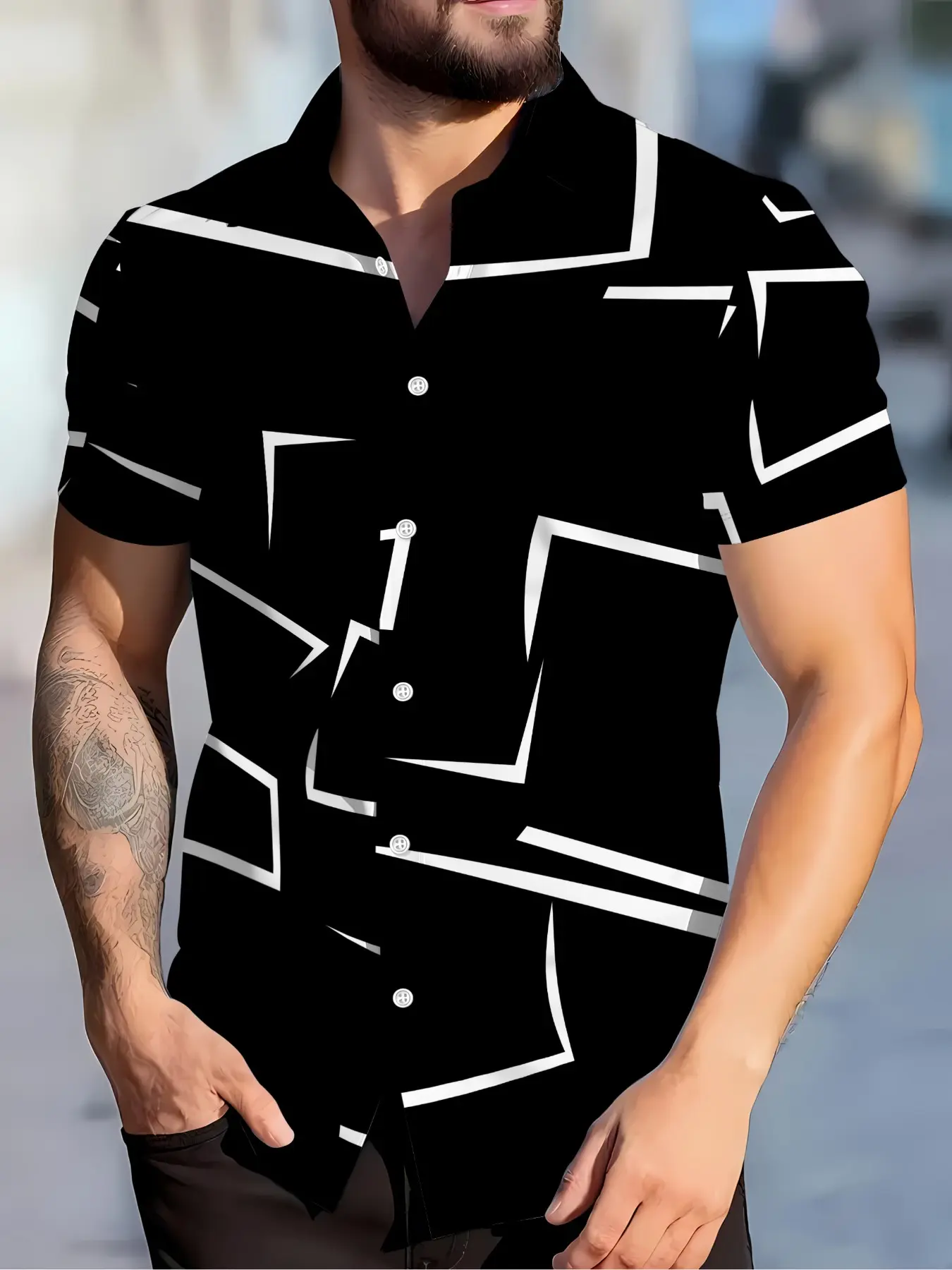 High Contrast Geometric Lines Short Sleeve Floral Shirt, Youth Commute Travel Unique Luxury Loose Vacation Shirt, Casual Summer Streetwear Beach Shirts, Casual Trendy Shirt