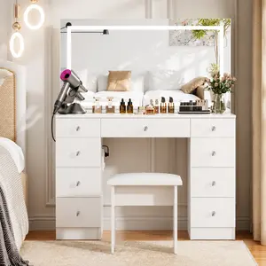 Tall Makeup Vanity Desk with Lighted Mirror ,9 Drawers, Soft Cushioned Stool for Bedroom