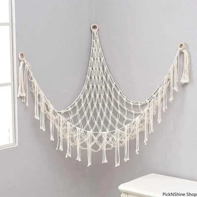 Classic Bohemian Hand‑Woven Cotton Rope Toy Storage Hammock, 60in Corner Organizer, Hanging Wall Basket for Bedroom Dorm, Boho Room Decor Home Accessory