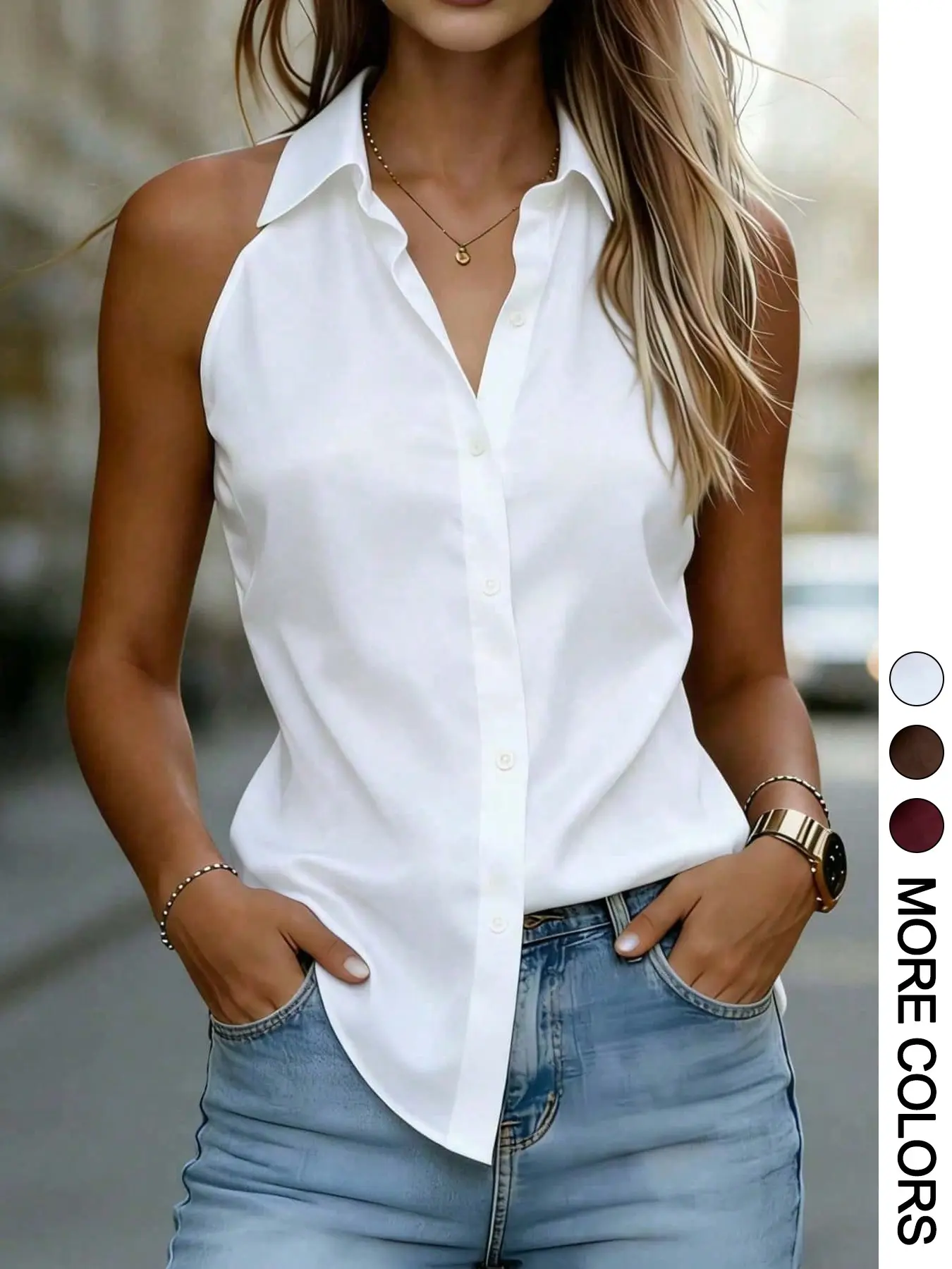 Elegant Halter Neck Sleeveless Shirt, Design Sensible Shoulder Reveal Commute Top, Office Casual Versatile Style