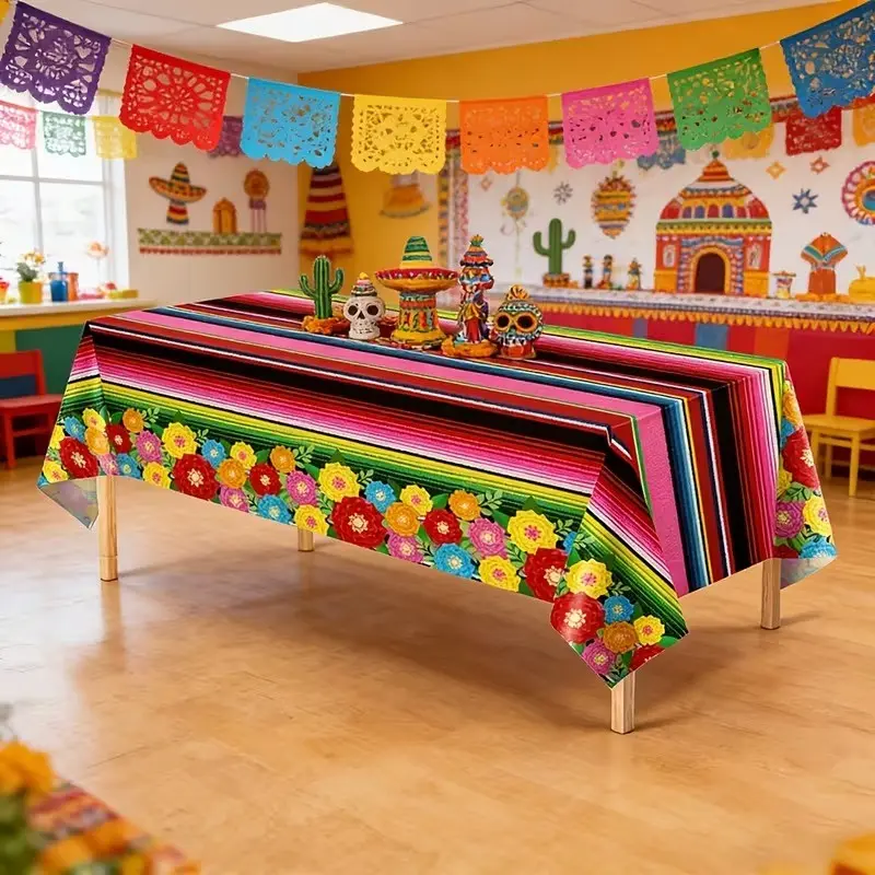 2D Flat Party Tablecloth 1pc, Mexican Style Polyester Rectangular Tablecloth, Striped Floral Birthday Party, Taco Night Celebration Decor