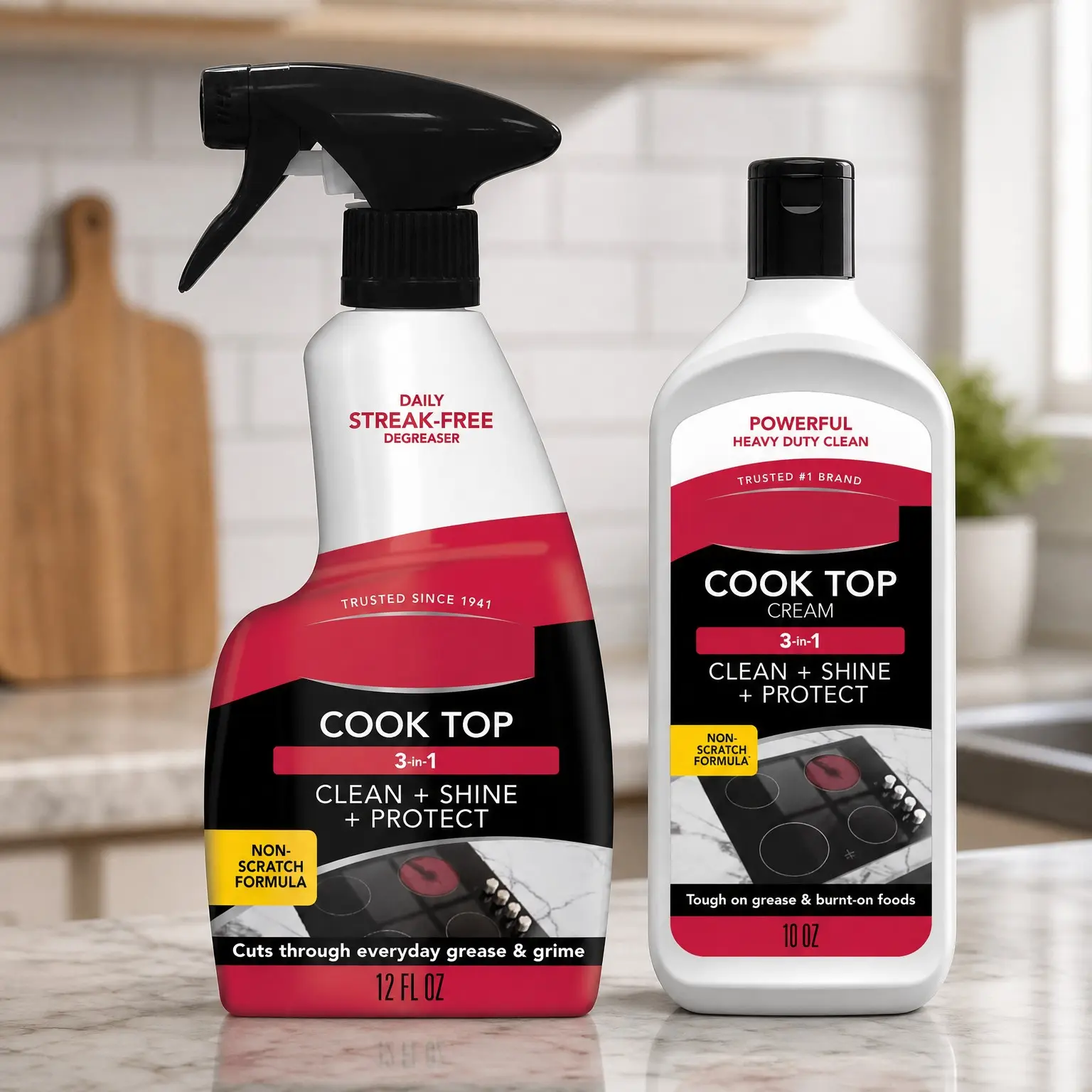 Ceramic and Glass Cooktop Cleaner Bundle - 10 oz Daily Cleaner & 12 oz Heavy Duty Cleaner for Burnt-On Food and Grease - Non-Abrasive, Scratch & Streak-Free, Safe for Ceramic, Electric, Gas & Induction Cooktops