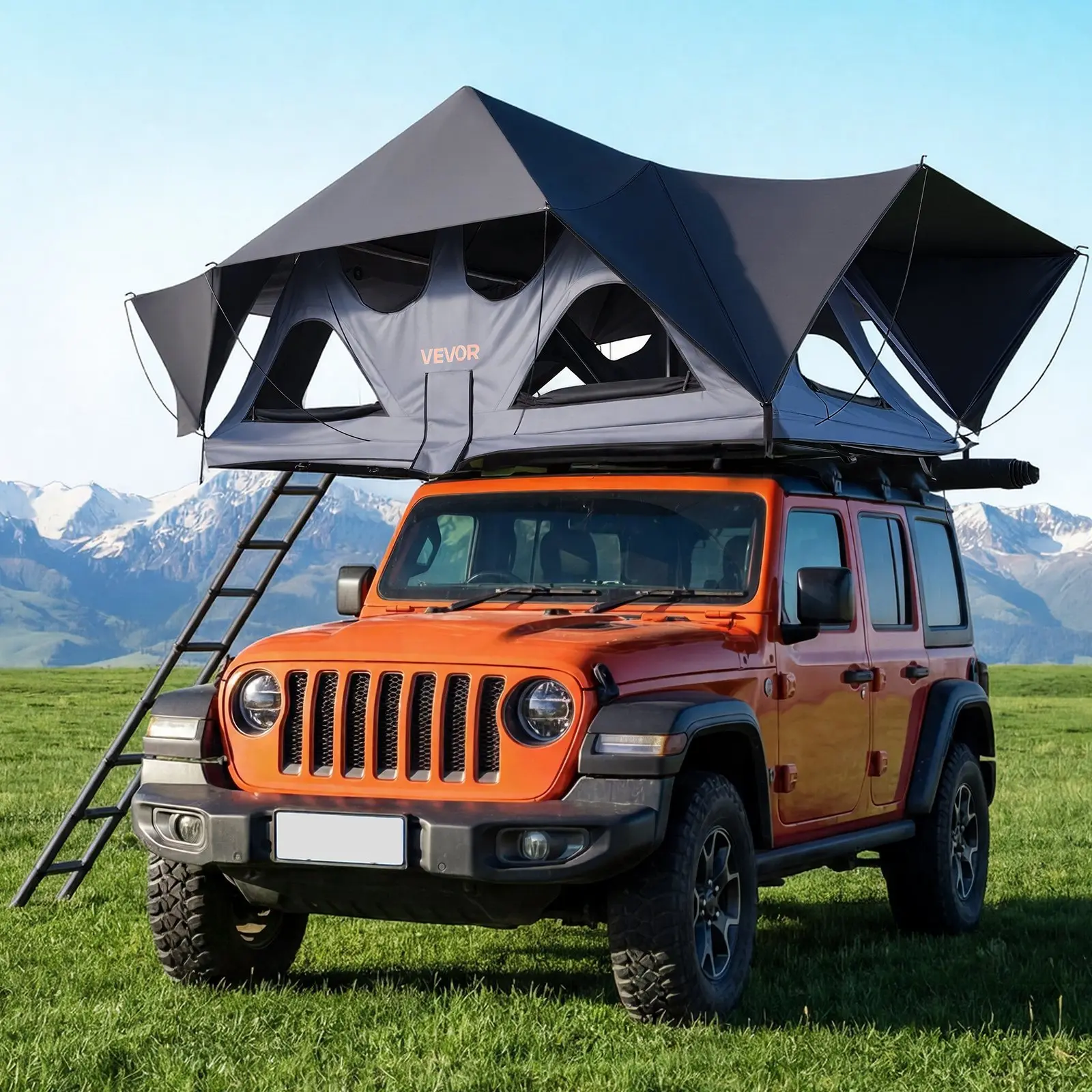 VEVOR Durable Aluminum Shell Rooftop Tent, 2-3 Person Foldable Model with Tri-Color LED Lights, Thick Smooth Mattress, 10 Windows, Waterproof Windproof Outdoor Safe Design, Fits Jeep SUV Pickup Roof Racks, Waterproof Windproof Design