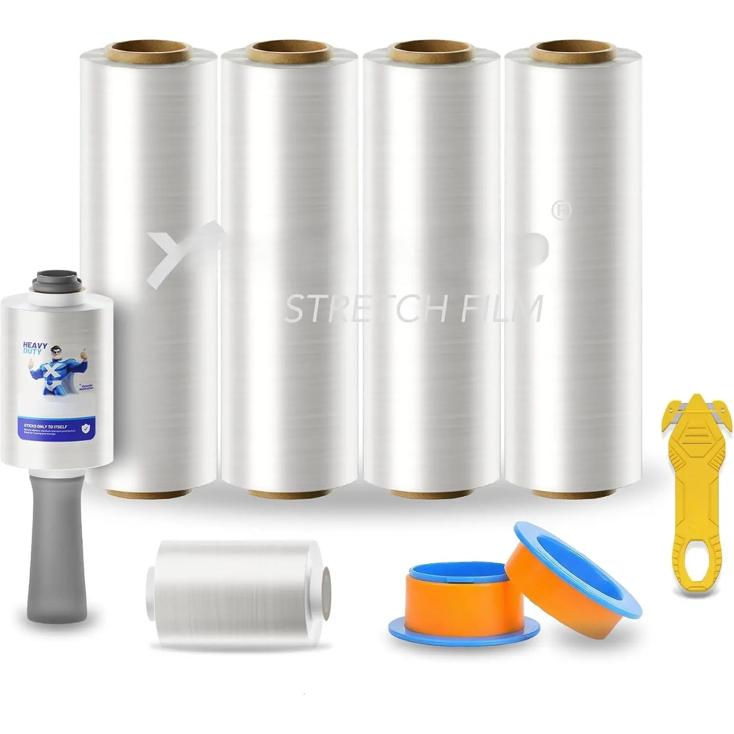 PRO 1000 Stretch Wrap with Rotating Handles, 15 Inch x 1000 Ft 70 Gauge, 4 Rolls, Bonus 4 Inch Mini Rolls & Safety , Heavy Duty Moving Pallet Film Kit