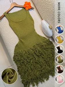 Elegant Knitted Dress for Women, Summer Vacation Fringe Dress, Slim-Fitting Bodycon Summer Dress, Plain Round Neck Sleeveless Dress for Spring & Summer