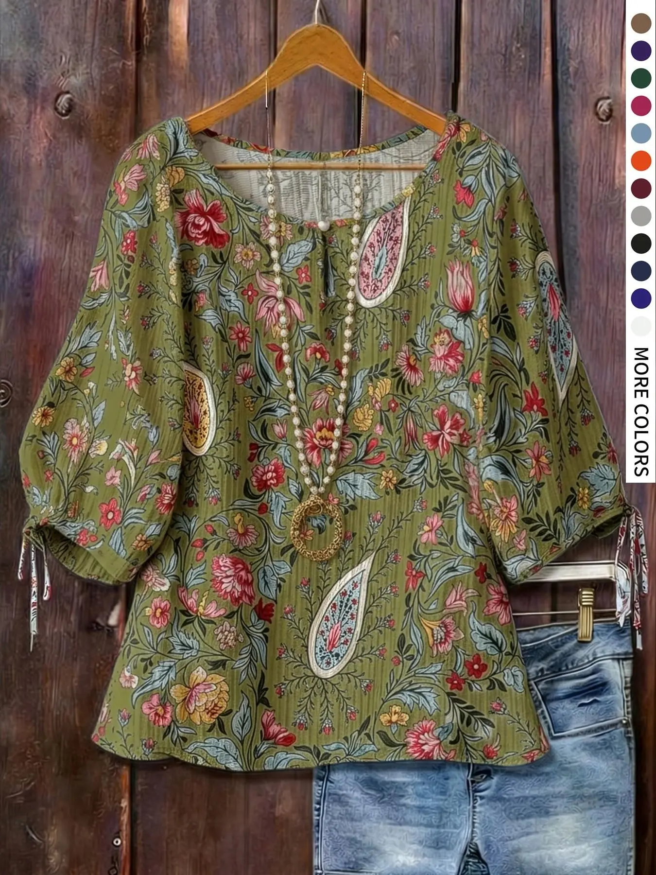 Plus Size Boho Bohemian Floral Print Batwing Half Sleeve Blouse, Boho Style Shirt, Loose-Fit Round Neck, Multi-Color Options, Casual Summer Shirt for Daily Wear & Vacation