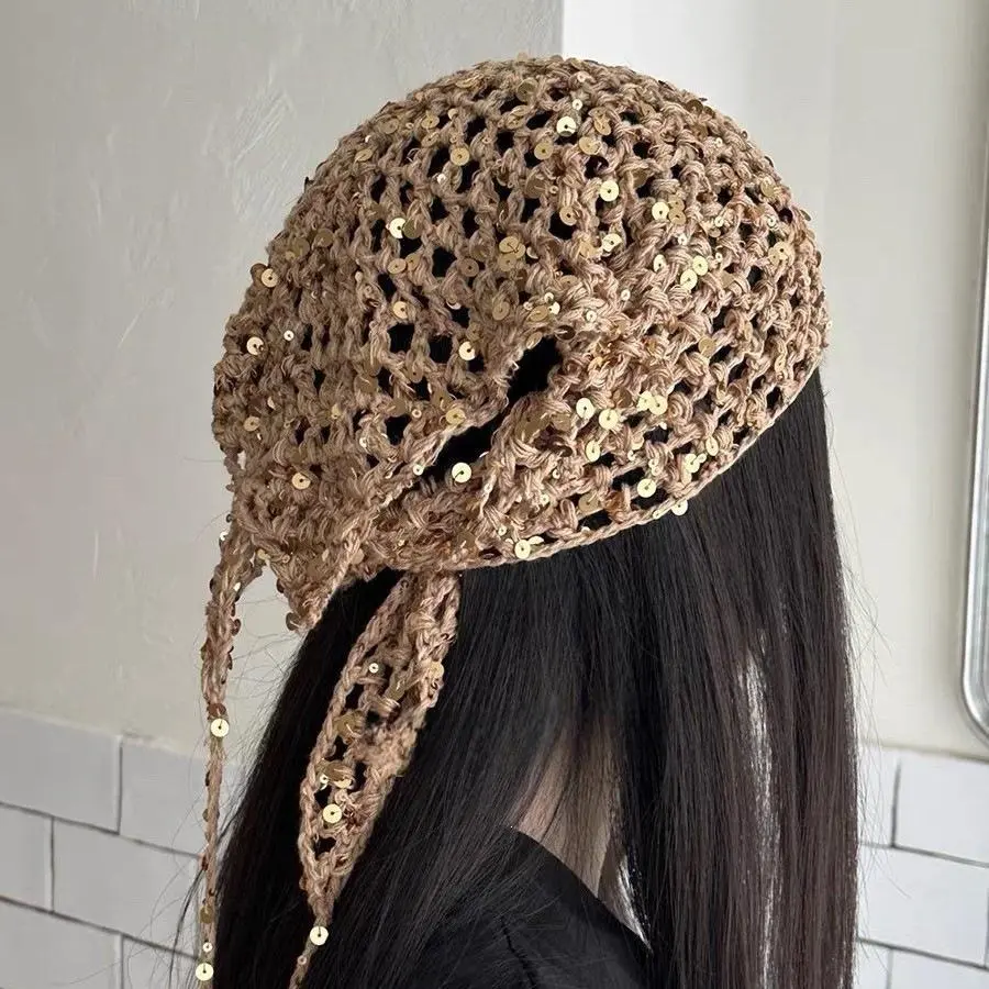Crochet Sequin Hair Bandana, Tie Back Hollow Out Knit Triangle Kerchief, Y2K Baddie Mermaidcore Boho Hair Scarf, Fashion Accessories for Festival, Beach & Daily Wear