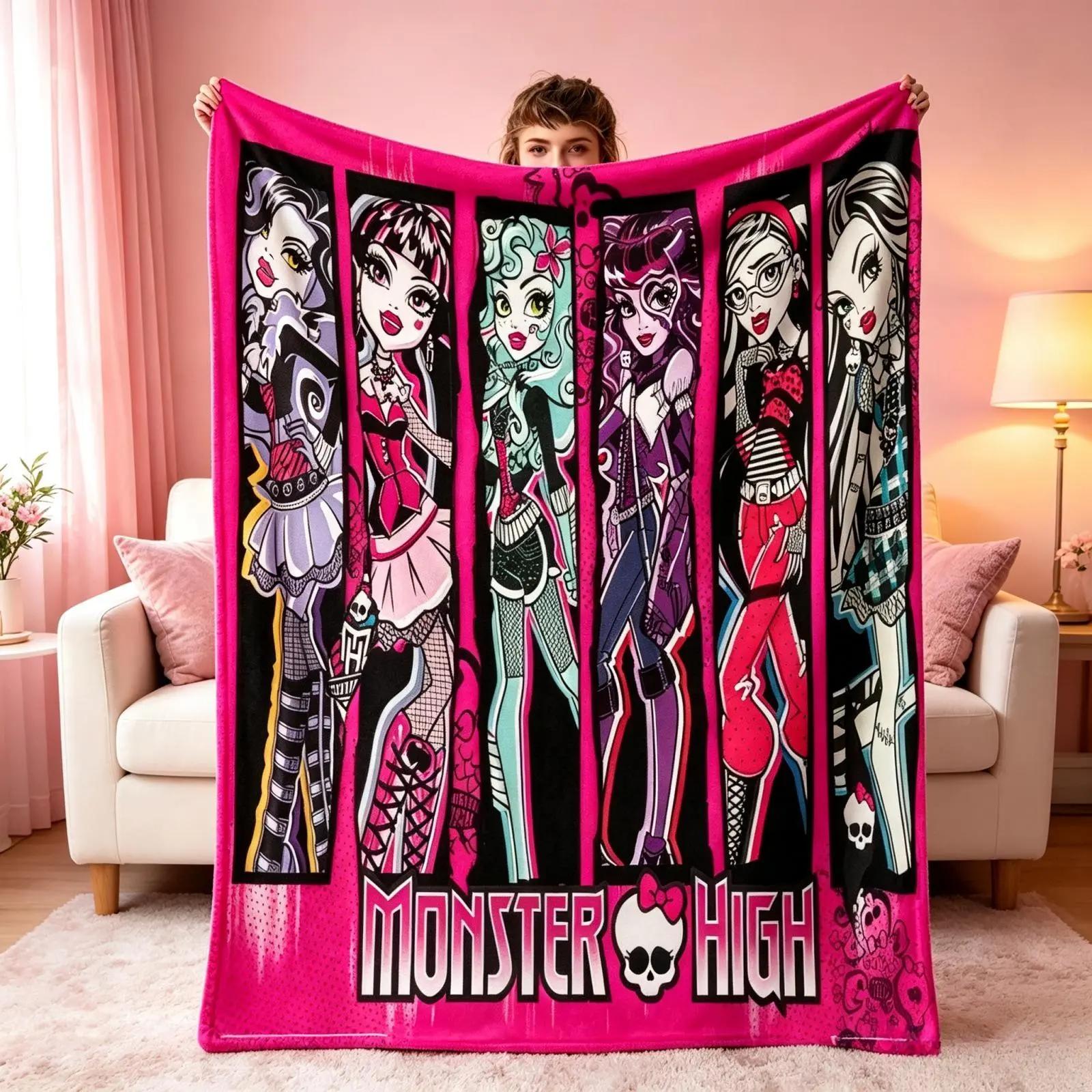 Monster High Classic Ghoul Squad Hot Pink Flannel Throw Blanket, Iconic Vertical Monster Girl Panel Print Y2K Gothic Aesthetic Cozy Blanket For Fans, Machine Washable Soft Lightweight Blanket For Sofa Bed Napping Camping Travel, Trendy Teen Room