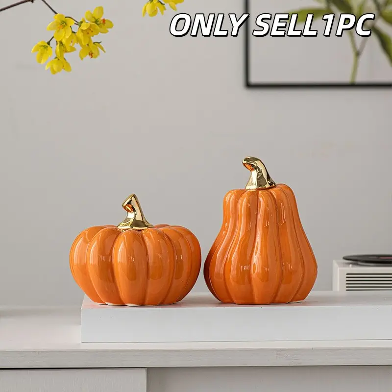 1PC Ceramic Pumpkin Ornament with Golden Stem, Fall Harvest Tabletop Decor, Home Desktop Decoration for Halloween, Thanksgiving and Autumn, Decorative