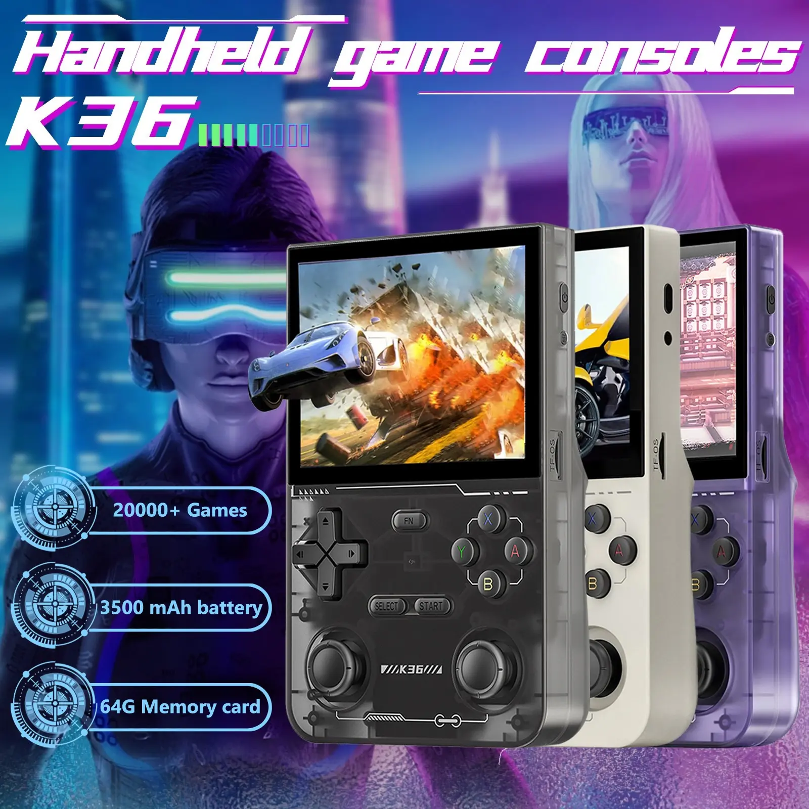 K36 Retro handheld game console with 3.5-inch IPS screen, ARM 64 bit quad core, containing a variety of classic games, 3500mAh battery for 5 hours of gaming time, suitable for portable pocket arcade games for gaming enthusiasts