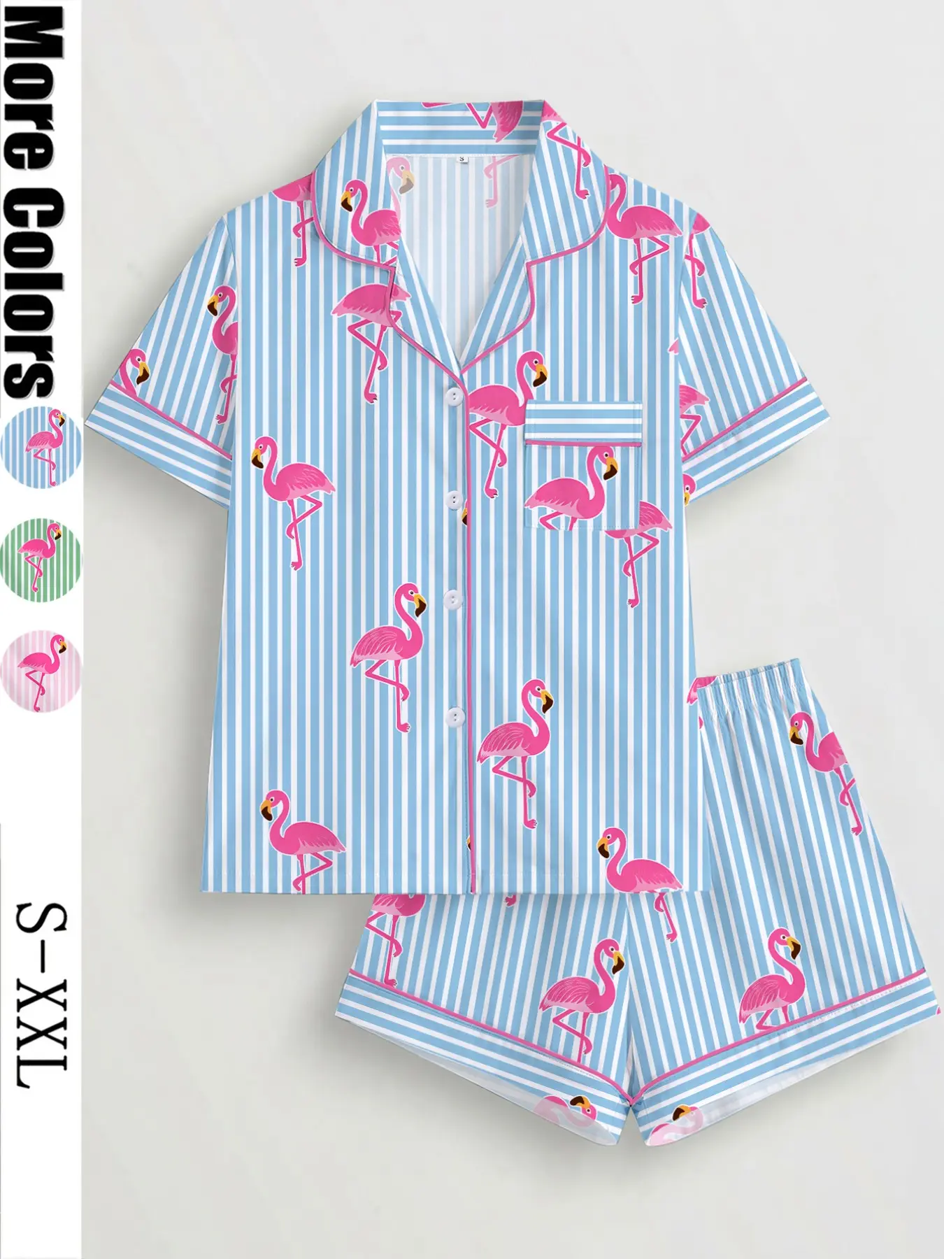Women's Striped Flamingo Print Pajama Set Pjs, Short Sleeve Button-Up Top & Elastic Shorts, Casual Loungewear & Pajamas for Home Wear, All Seasons