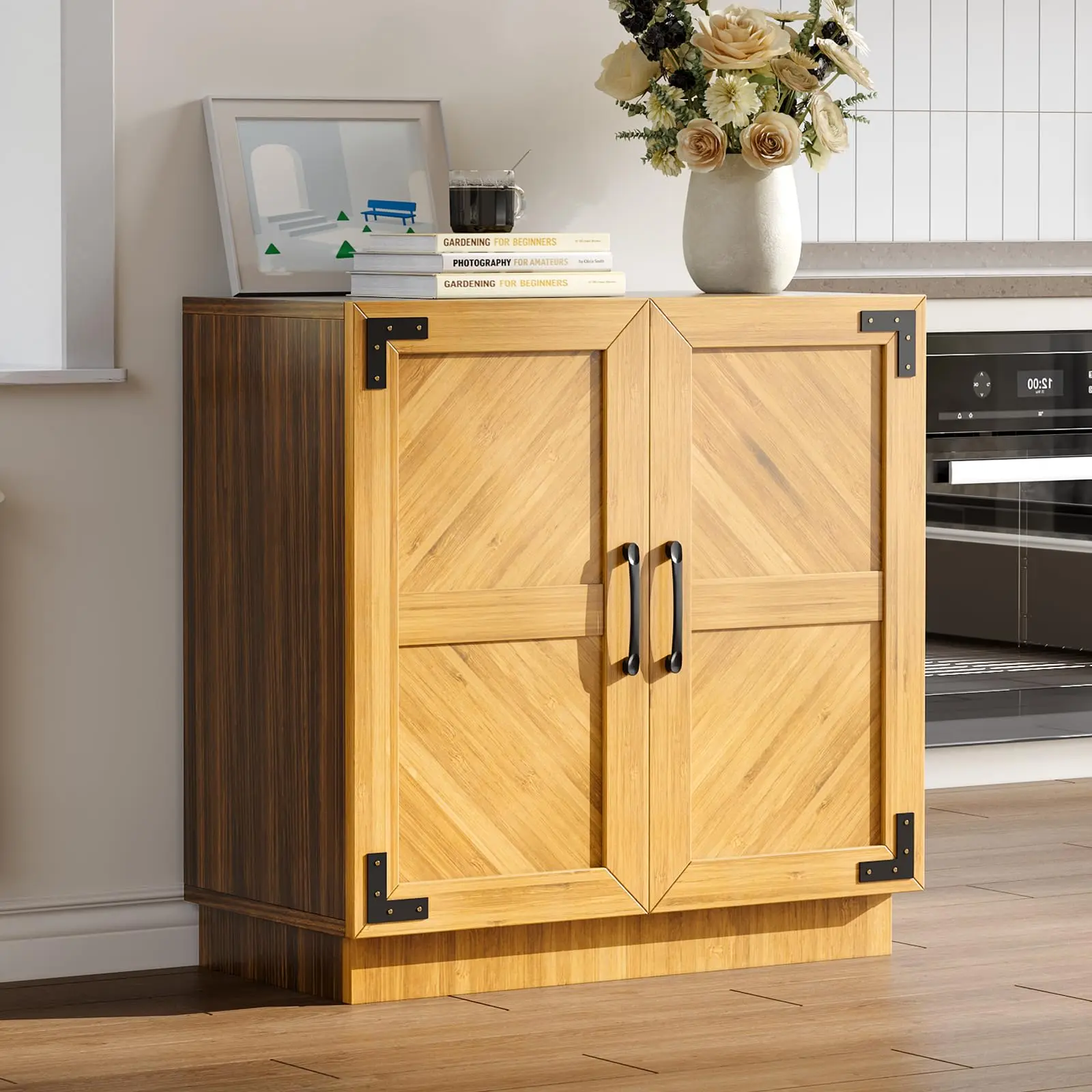 Garvee 31.5" Modern Farmhouse Sideboard Buffet Cabinet with Doors and Adjustable Shelves, Minimalist Storage Credenza for Kitchen, Living Room, Entryway, and Coffee Bar in Oak and Black Finish