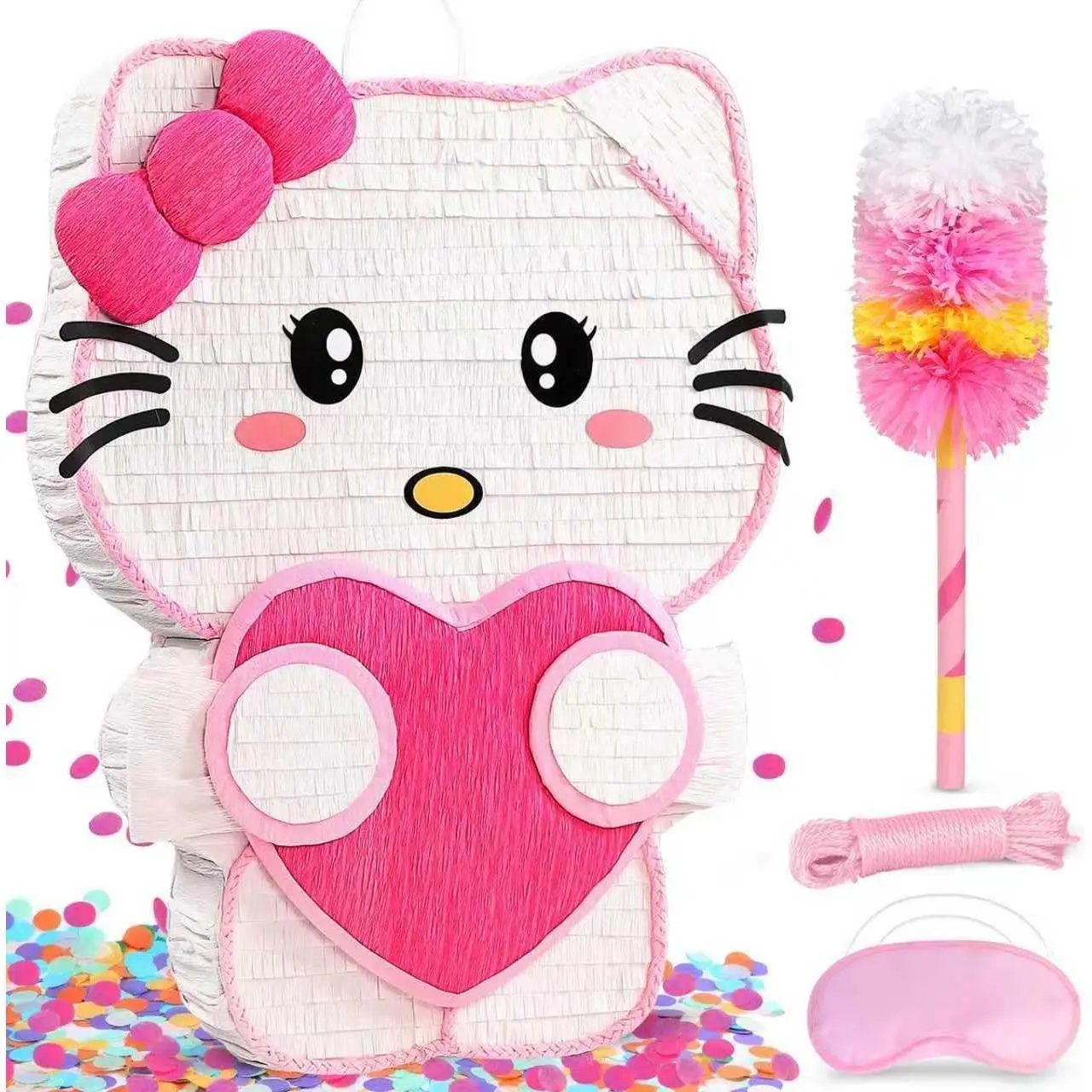21" 3D Pink Large Love Heart Pinata Set with 24" Bat Stick, Eye Mask, Rope - Cute Candy Holder Decoration for Girls Kids Birthday Theme Party, Room Decor Centerpiece