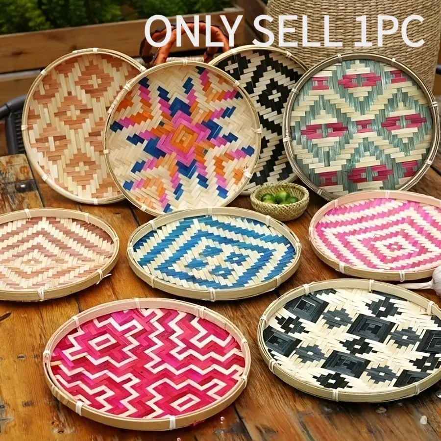 1pc Bohemian Style Bamboo Weave Decorative Tray - Home Drying And Storage Basket, Organiser, Decorative Tray, Colorful Bamboo Woven Sieve, Multifunctional Home Fruit Storage Basket, Snack Tray, Wall-Mounted Decorative Tray, Home Goods