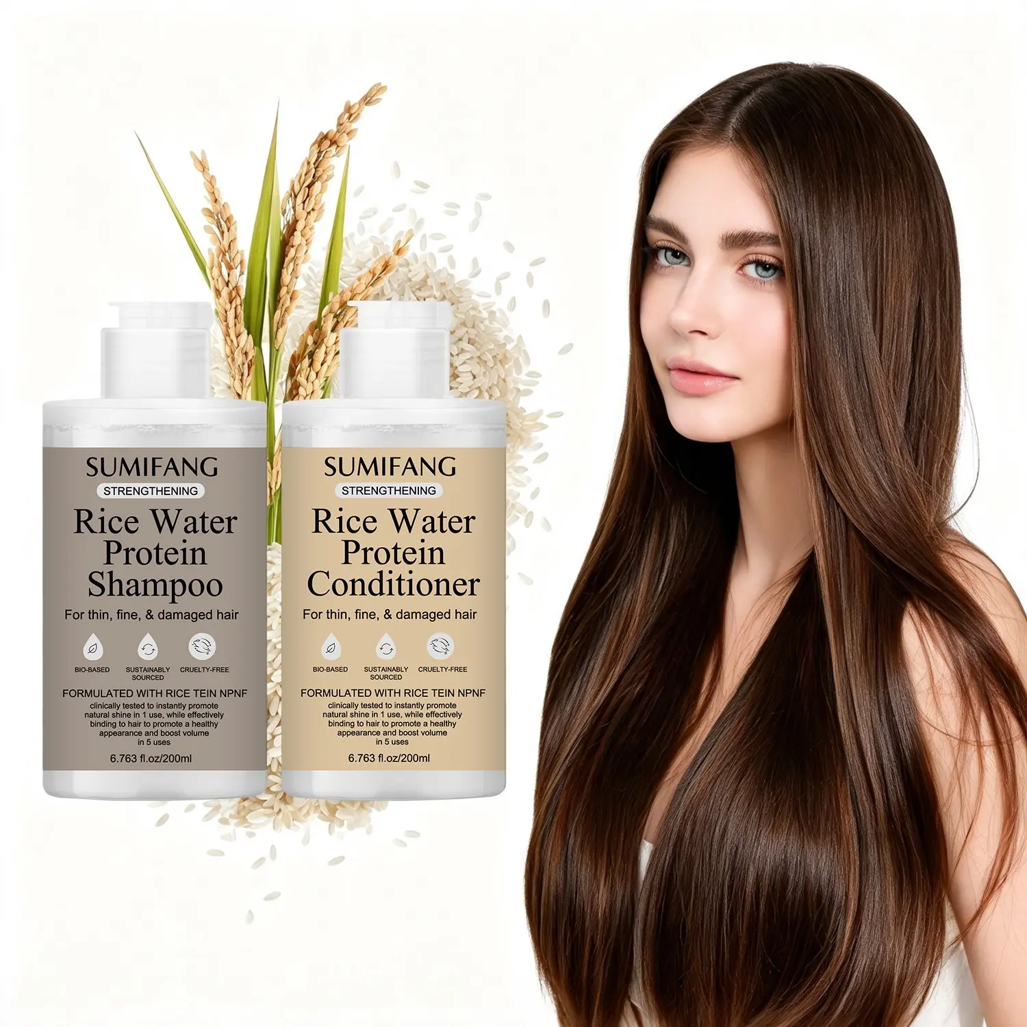 SUMIFANG Rice Water & Protein Nourishing Hair Care Set – Shampoo & Conditioner; infused with rice protein and keratin; restores natural shine and leaves hair smooth and soft; lightweight texture; suitable for all hair types; for daily nourishing care.