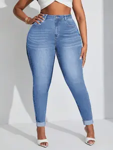 【Plus Size】 Solid Color Skinny Jeans, Fashion Casual Denim Pants for Daily Outdoor Wear, Women Plus Clothing for All Seasons