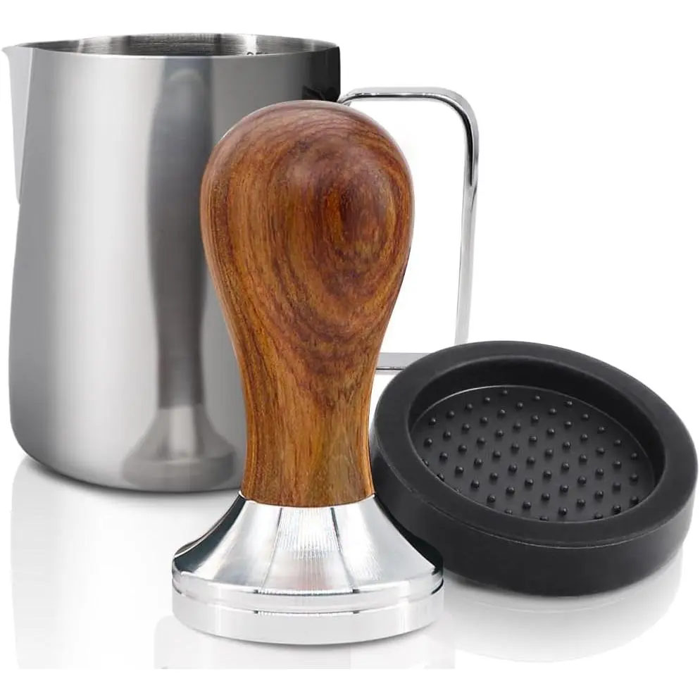 Espresso Tamper 51mm - Coffee Tamper with Dalbergia Odorifera Handle - Espresso Press Hand Tamp PLUS Free Milk Frothing Pitcher 12oz/350ml,  Tamper Mat - Fits 51mm Delonghi Portafilter