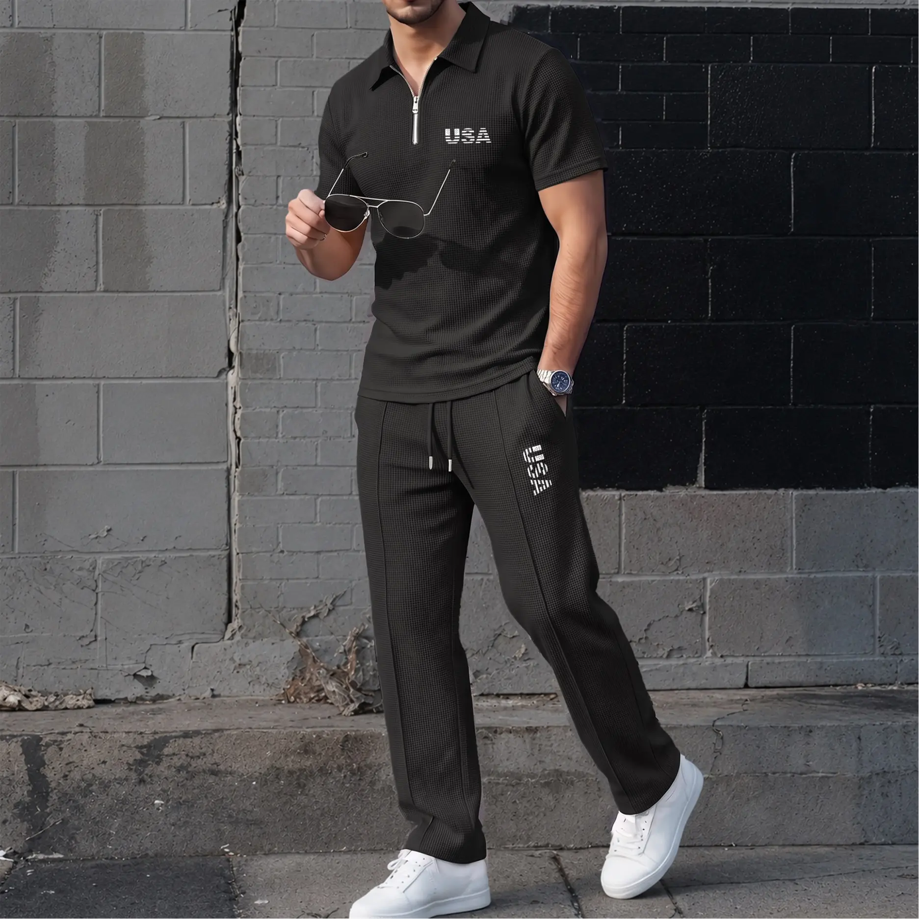 Men’s USA Letter Print Waffle Fabric Zip Collar Polo Shirt and Pants Set, Short Sleeve Polo Top with Matching Drawstring Trousers, Casual Two Piece Outfit
