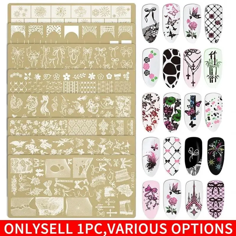 Nail Enhancement Printing Template Pattern Transfer Tool Golden, Mixed Bow Floral Lace Cow Print Line Nail Art Template, Reusable Nail Image Stencil for DIY Manicure Printing