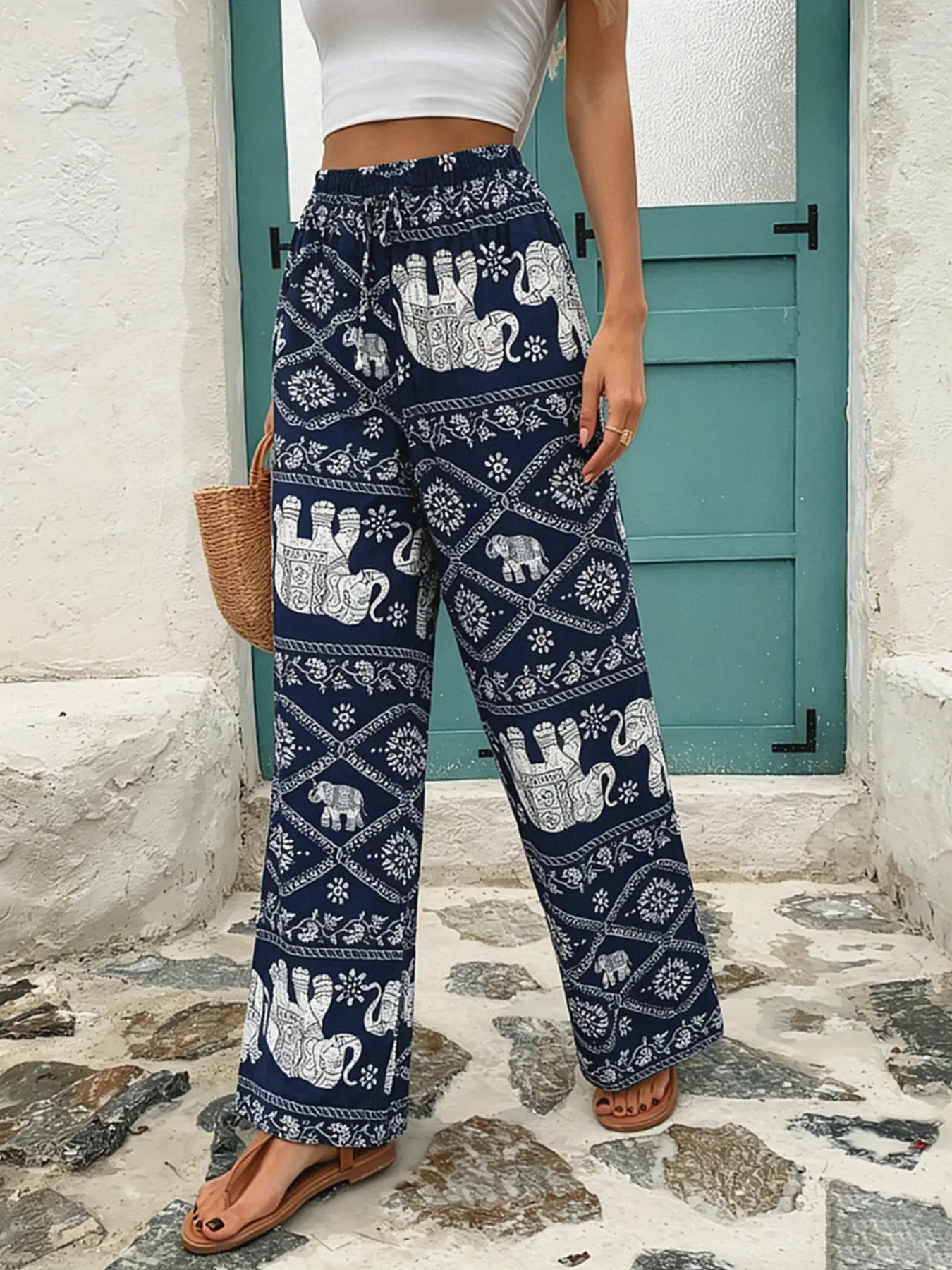 Boho Elephant Print Wide Leg Pants, Bohemian High Waist Elastic Waist Loose Straight Fit Casual Long Pants, Vacation Beachwear, Casual Style Bottoms