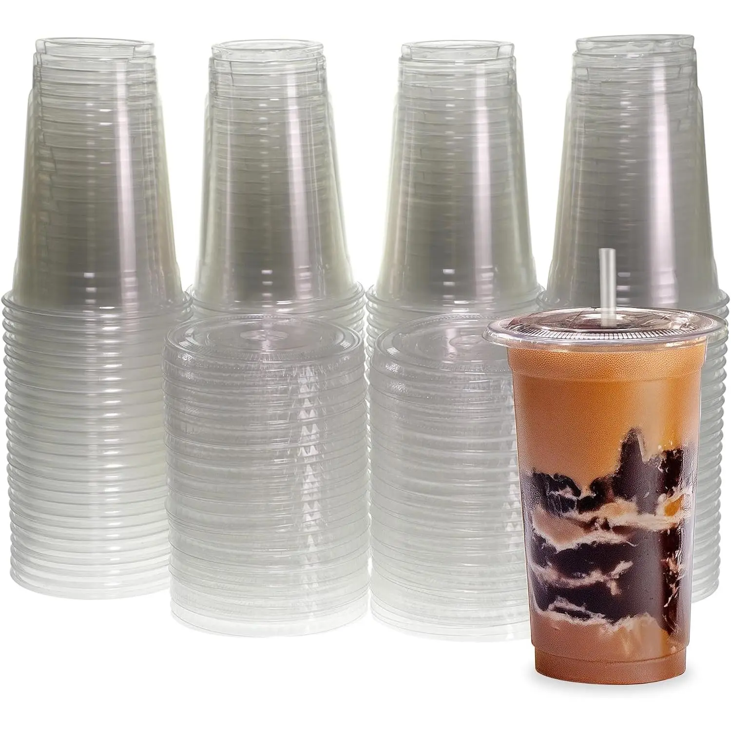 Clear Plastic Cups with Flat Lids and Straws [100 Cups - 20 oz] Disposable Tumblers for Iced Coffee, Smoothie, Milkshake, Cold Drinks