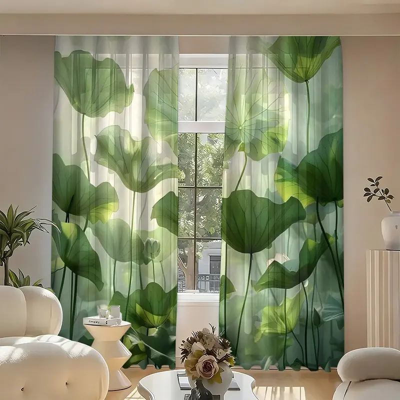 2D Plain Print Drapes, 2-Piece Set, Leaf Pattern Semi-Sheer Curtains, Pocket Rod Installation, Home Decor for Living Room, Kitchen, Bedroom, Window Drapes, Etc