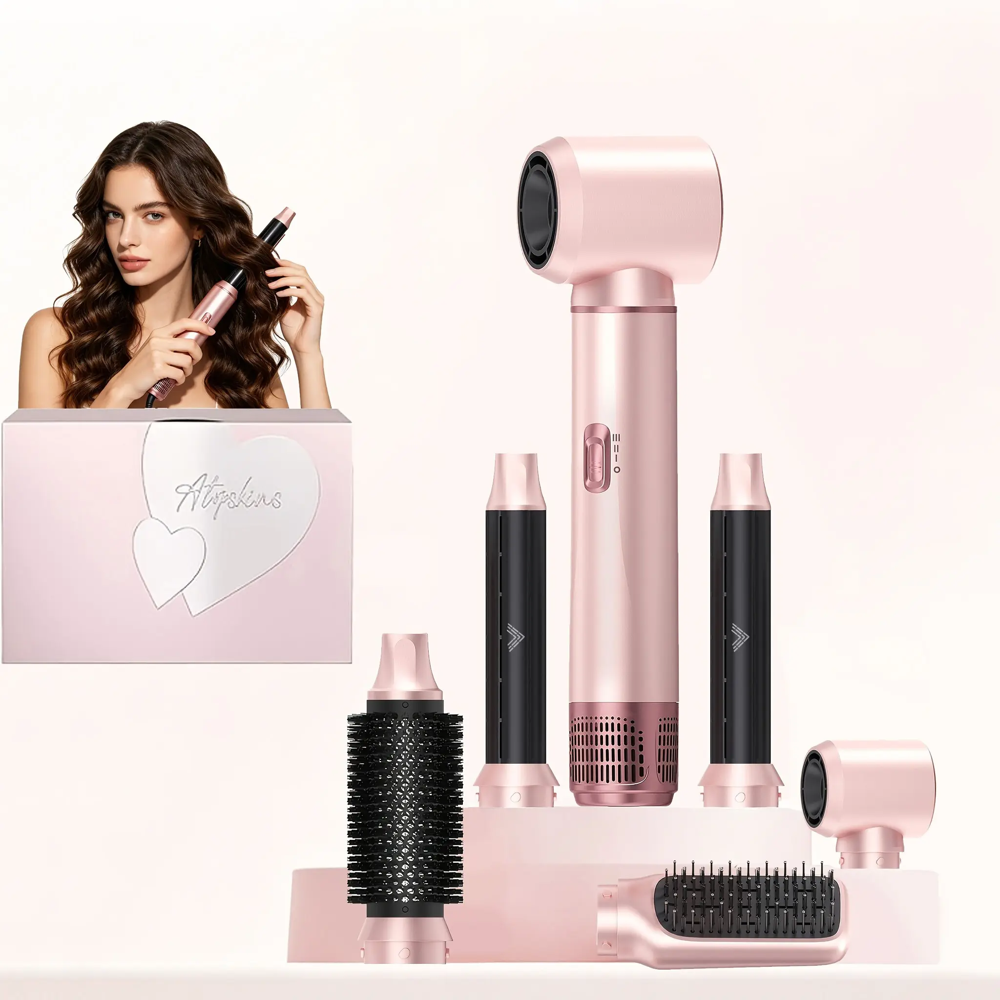 Hair Styler 5-in-1, Interchangeable Hair Styler, Thermal Brush, Hot Air Brush for Volumizing, Hair Wrap Dryer Set with Detachable Comb Heads, Tools for Drying, Curling & Straightening