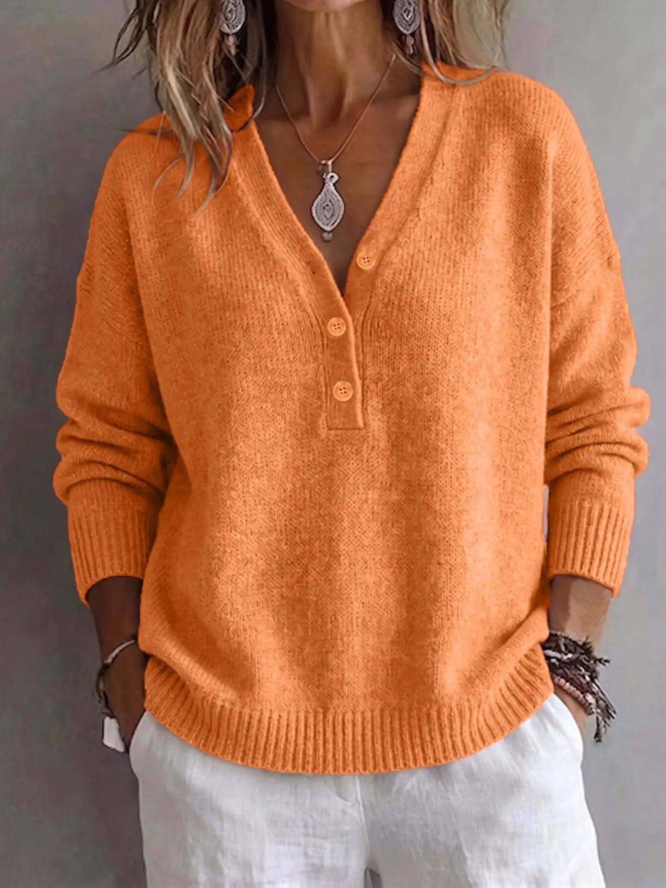 Women's Henry Neck Drop Shoulder Knit Sweater, Knitwear, French Casual Boho Chic Style, Loose-Fitting Long Sleeve Pullover for Fall & Winter