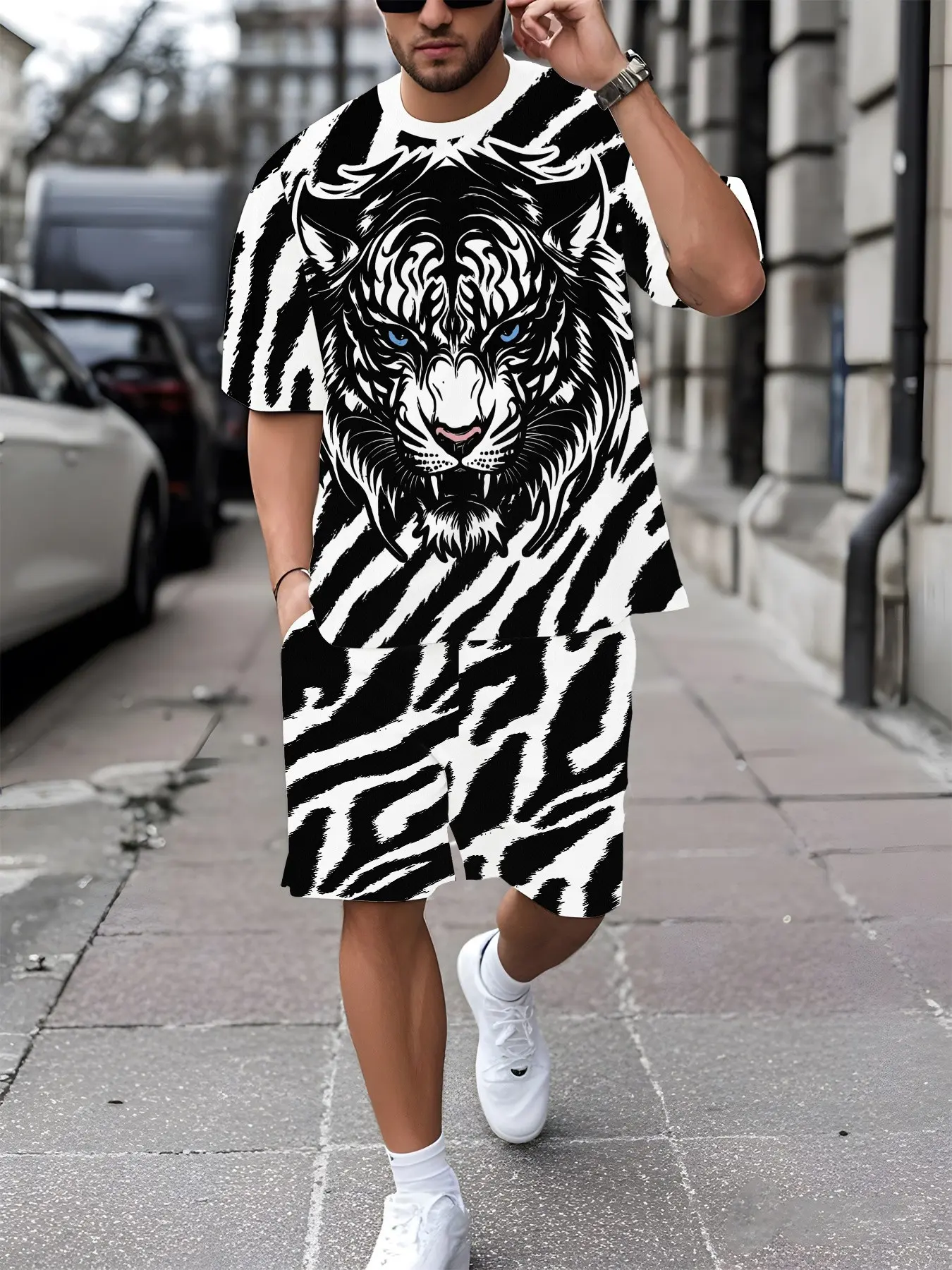 Men's Casual Zebra Tiger Head Print Short Sleeve Tee and Shorts Set, High Street Style, Breathable, Trendy Streetwear