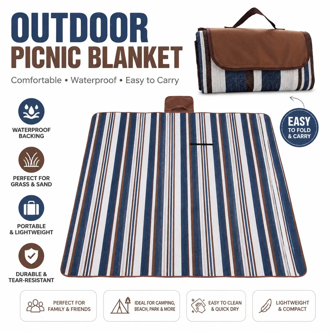 Extra Large Thickened Picnic Blanket, Waterproof & Sandproof, Foldable Portable Beach Blanket, Outdoor Camping Mat for Park, Lawn, Travel, Family Picnic, Picnic Essentials