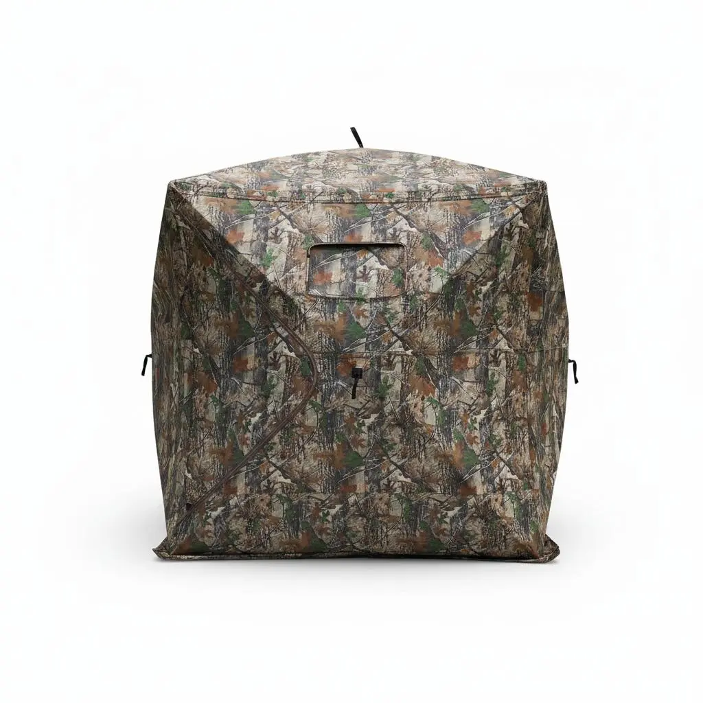 See-Through Camouflage Tracking Blind - Portable Pop-Up Ground Blind with Silent Windows, Weather Resistant Shelter, Carry Bag - For Deer, Turkey & Duck - Size 148x148x142cm, 165cm High, Steel Frame, Camouflage Black Vinyl