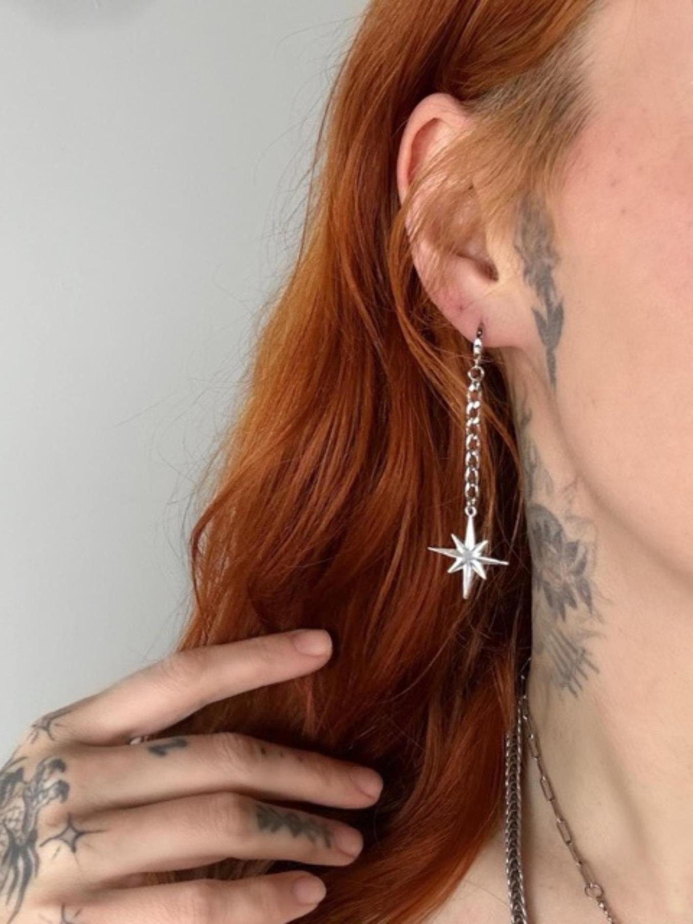 Unisex Punk Style Octagram & Chain Tassel Design Dangle Earrings, Stainless Steel Earrings, High Quality Earrings, Trendy Tassel Drop Earrings, Fashionable Jewelry for Party & Daily Clothing Decoration