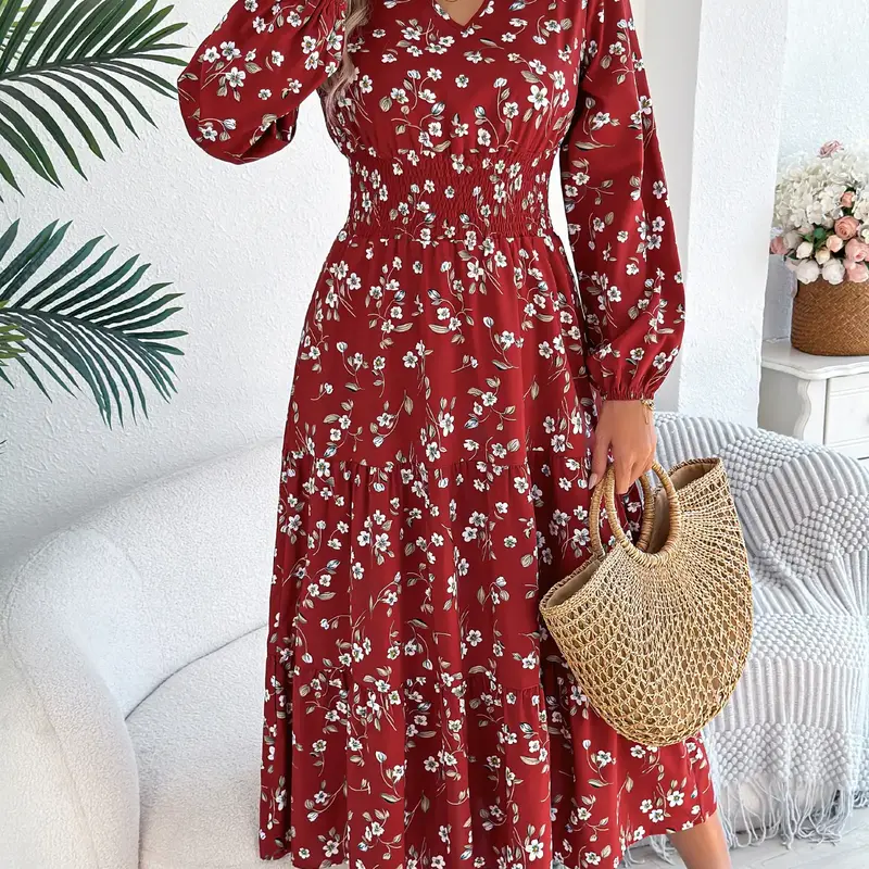 Women's Ditsy Floral Print Bishop Sleeve Dress, Boho V-Neck Long Sleeve A-Line Dress for Spring, Women's Clothing for Daily Wear, Womenswear, Boho Dresses