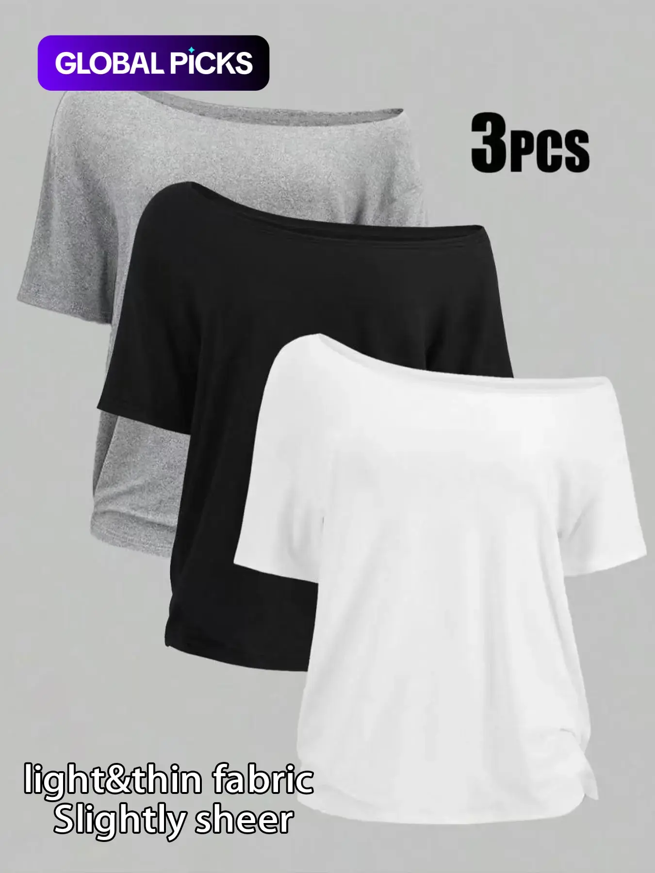 Women's Plus Size 3-Pack One-Shoulder Loose Short Sleeve T-Shirt, Casual Solid Color Basic Top, Comfortable and Stylish #GLOBAL PICKS
