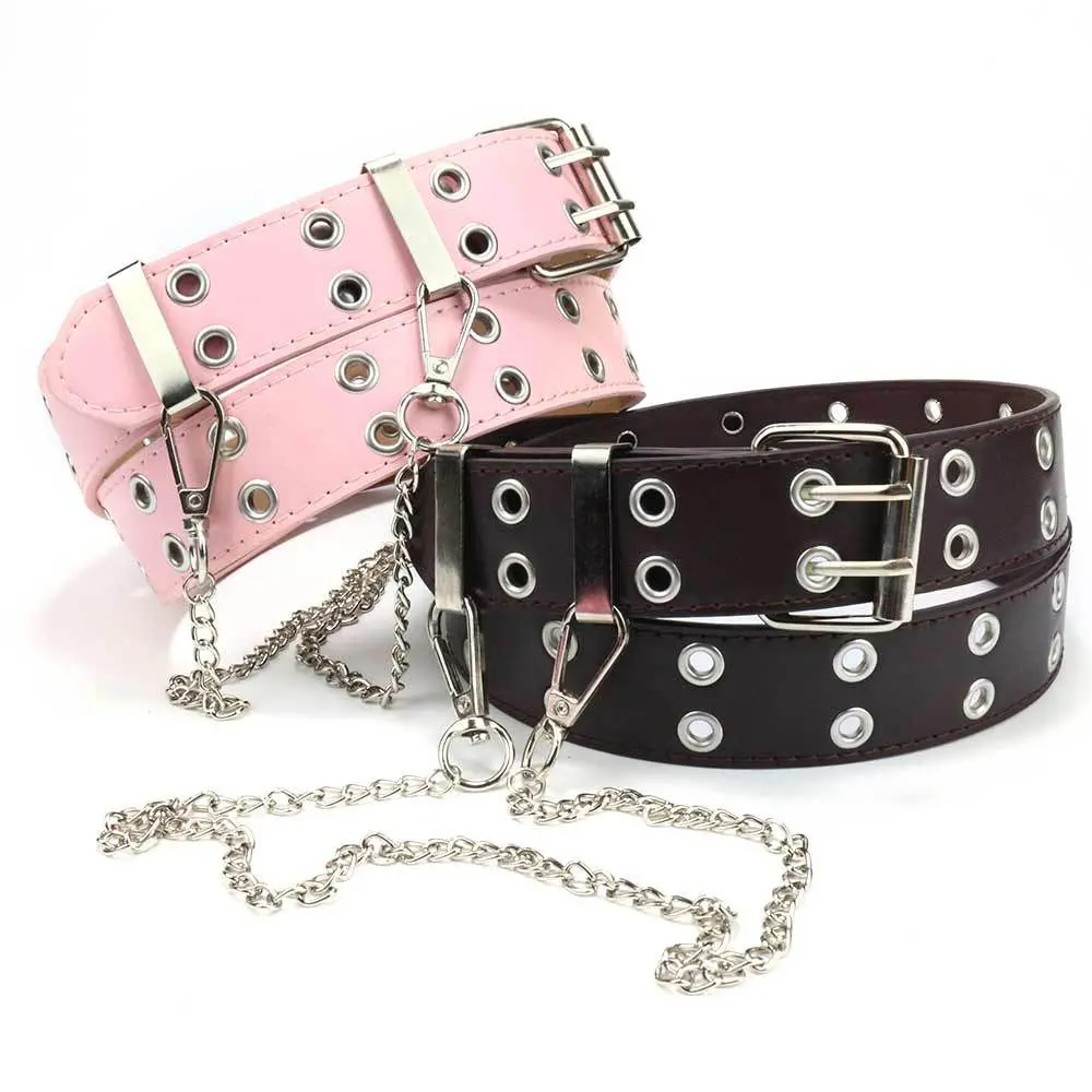 Effortless Y2K Double Grommet Belt with Detachable Metal Chain Punk Gothic PU Leather Belt Double Pin Buckle Round Eyelets Adjustable Denim Jeans Belt Festival Streetwear Accessories