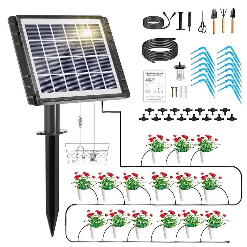 Solar Powered Smart Drip Irrigation Kit with Water Level Sensor, DIY Self-Watering System for 15 Plants, Energy-Saving Auto Water Device for Balcony Garden, Greenhouse Vacation Plant Care (Watering Made Easy), Smart Irrigation