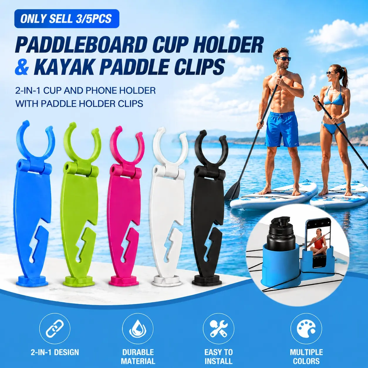 3/5PCS Paddleboard Cup Holder and Kayak Paddle Clips, 2-in-1 Cup and Phone Holder with Paddle Holder Clips, Available in Multiple Colors, Board Accessory Set for SUP, Kayaks, Canoes and Outdoor Water Sports