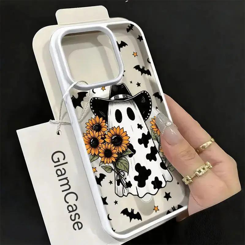 Western Cowboy Ghost Sunflower Phone Case,Cow Print Ghost with Bat Star Moon Halloween Design for iPhone 17 16 15 14 13 12 11 Plus Pro Max,Rustic Spooky Fall Western Gift