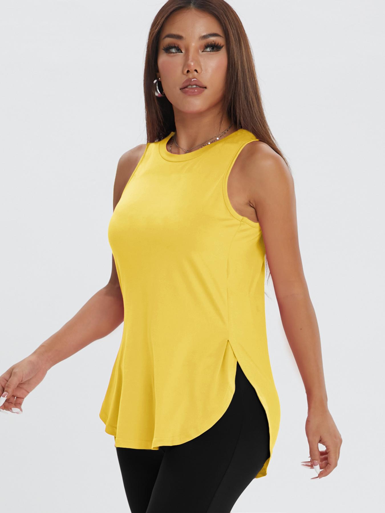 Women's Solid Color Asymmetrical Hem Sports Tank Top, Casual Curved Hem Sleeveless Round Neck Sports Top for Yoga Gym Workout Running, Ladies Sportswear for All Seasons