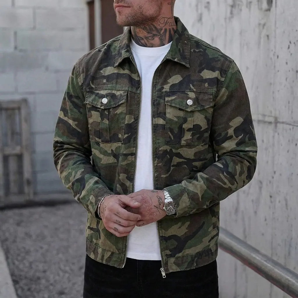 Men's Thick Military Camo Zip Trucker Jacket - Retro Lapel Outerwear with Button Chest Pockets, Cotton Grunge Streetwear for Street Shots, Casual Outfits; Paired with Shirts, Cargo Pants (Long Sleeves), Menswear