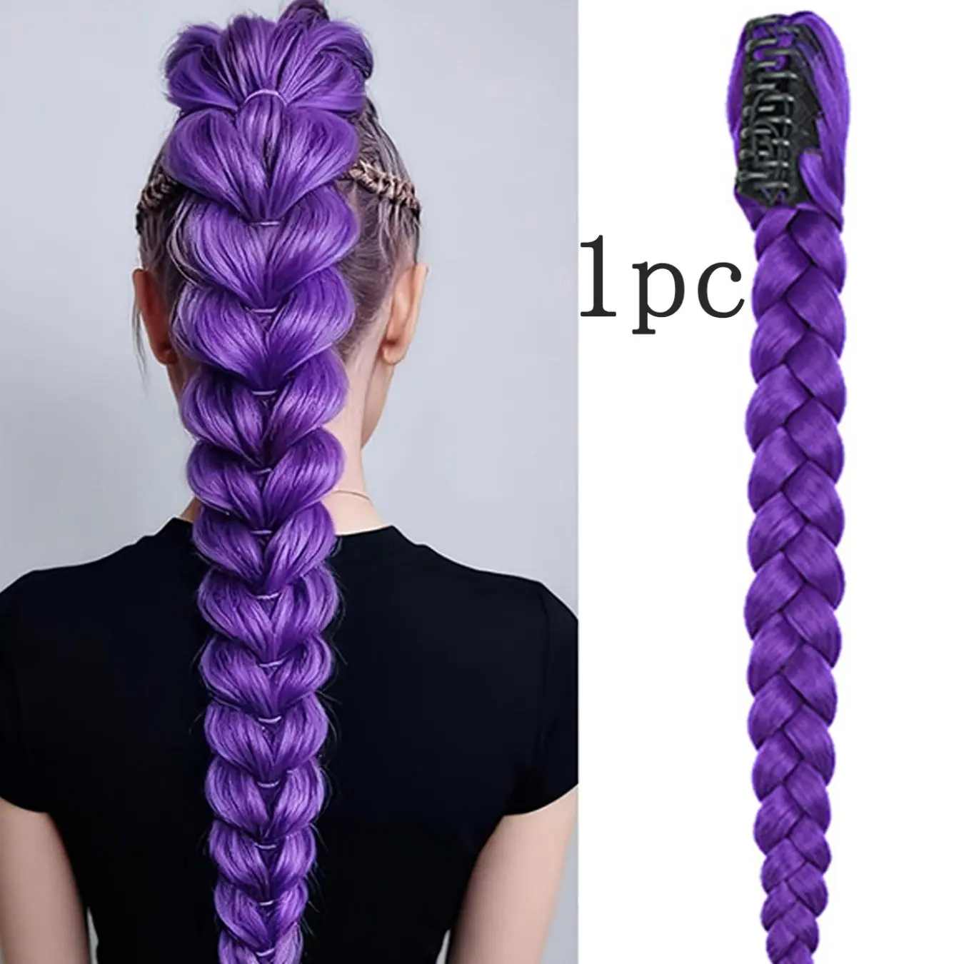 25.59-Inch Long Purple Synthetic Fiber Braided Wig With Clip-On Ponytail, Suitable For Cosplay, Halloween And Christmas
