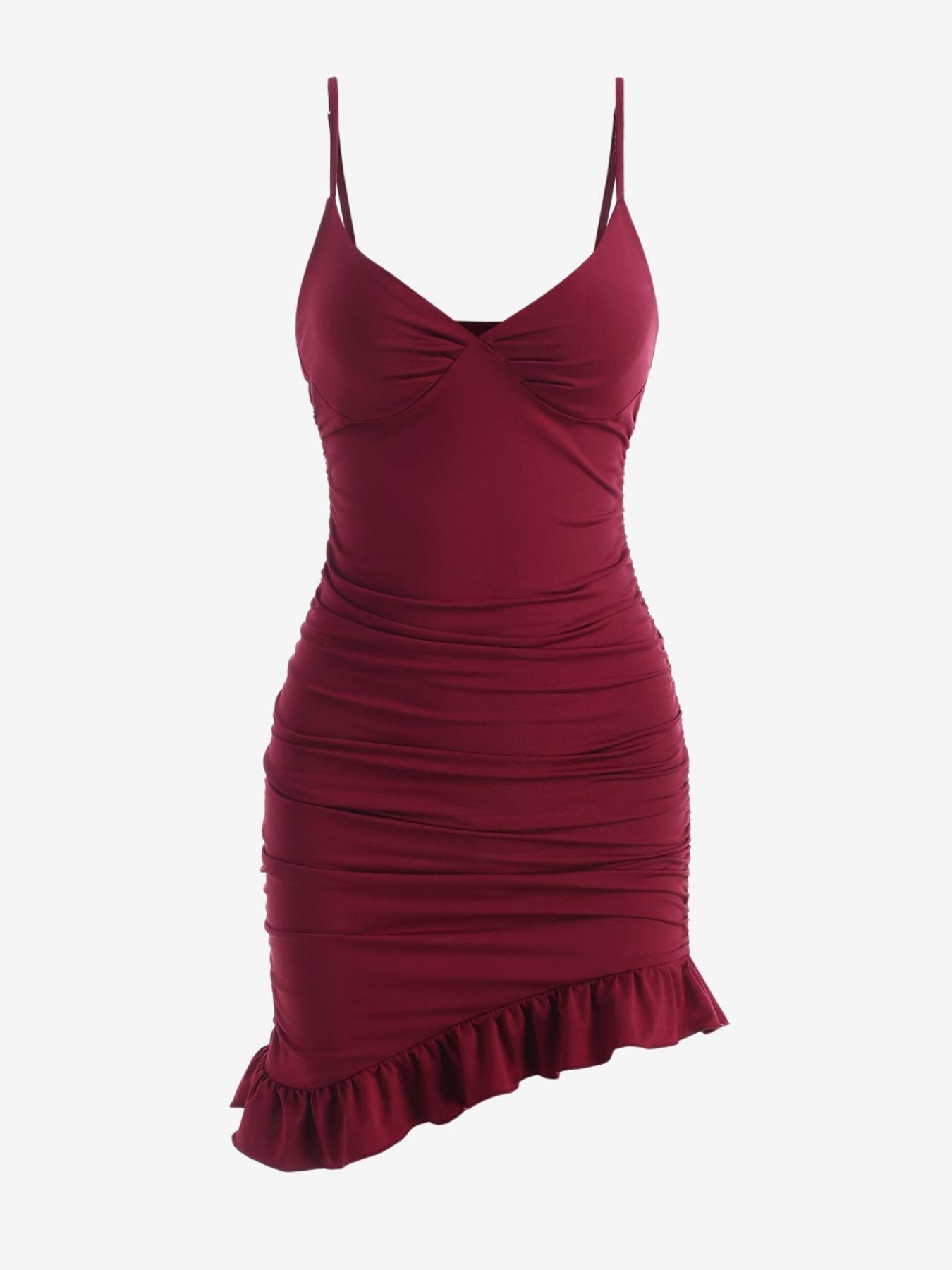 Women's Asymmetrical Ruffle Hem Ruched Cami Bodycon Dress, Summer Dresses, Chic Elegance, Casual Formal Womenswear, Sleeveless Adjustable Spaghetti Strap Mini Sundress for Party Holiday, Slim Fit Polyester Womenswear, Date Night Dresses