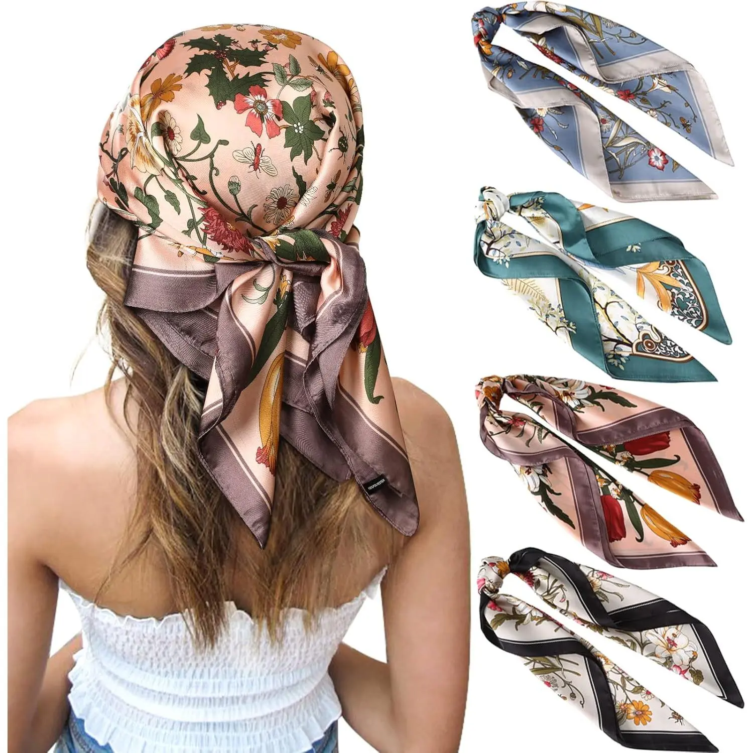 27.5 Inches Silk Feeling Square Head Scarf - 4 Pcs Satin Square Head Scarves for Women Hair Bandanas Head Kerchief