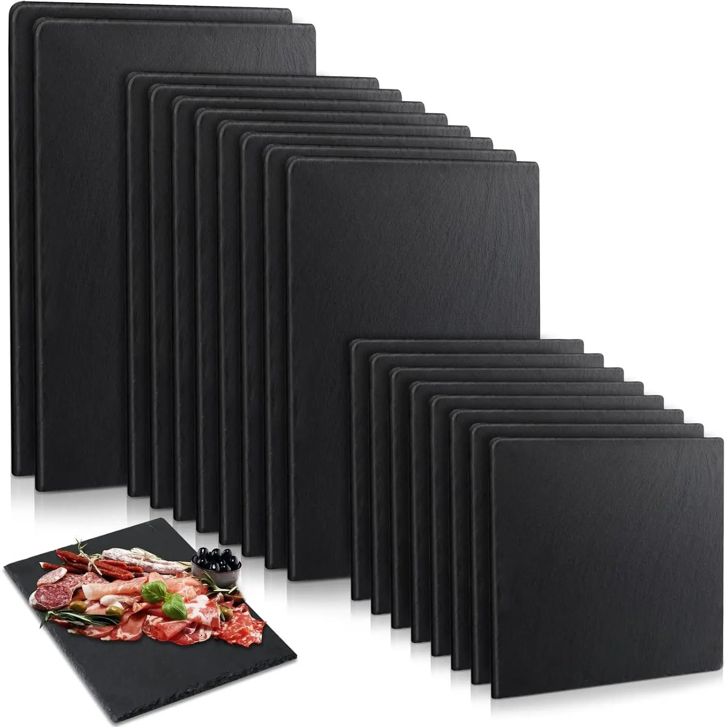 Set of 18 Black Square Slate Cheese Serving Boards Individual Stone Platter for Cutting Food Cake Fruit Meat Sushi Christmas